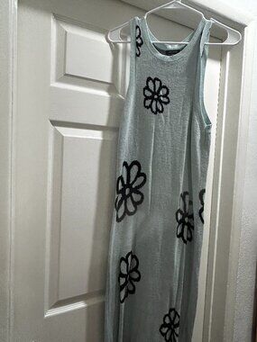 Blue Sleeveless Sweater Dress with Black Flower Designs